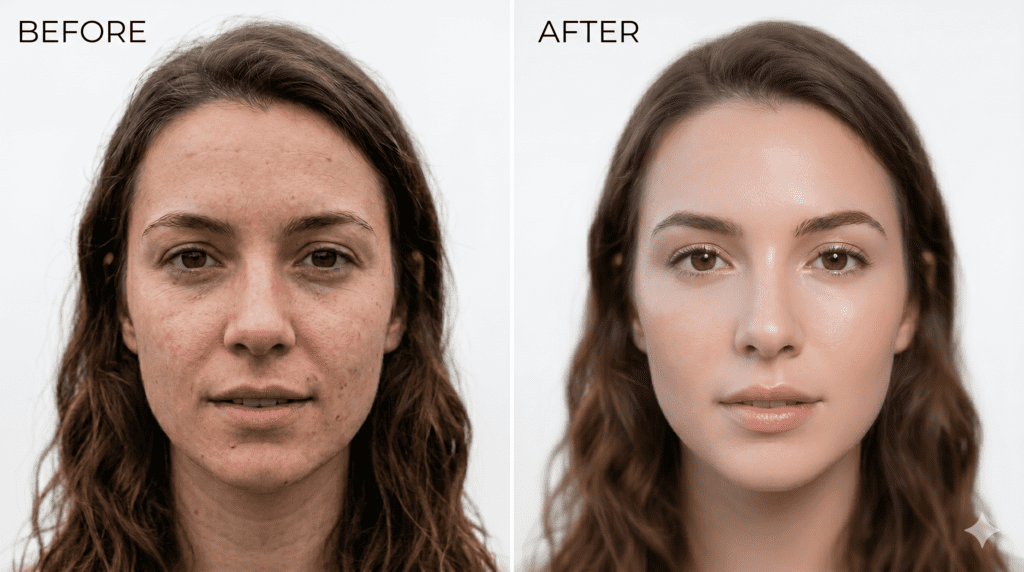 An unrealistic before and after of a woman with hyperpigmentation, dark spots, and lots of texture